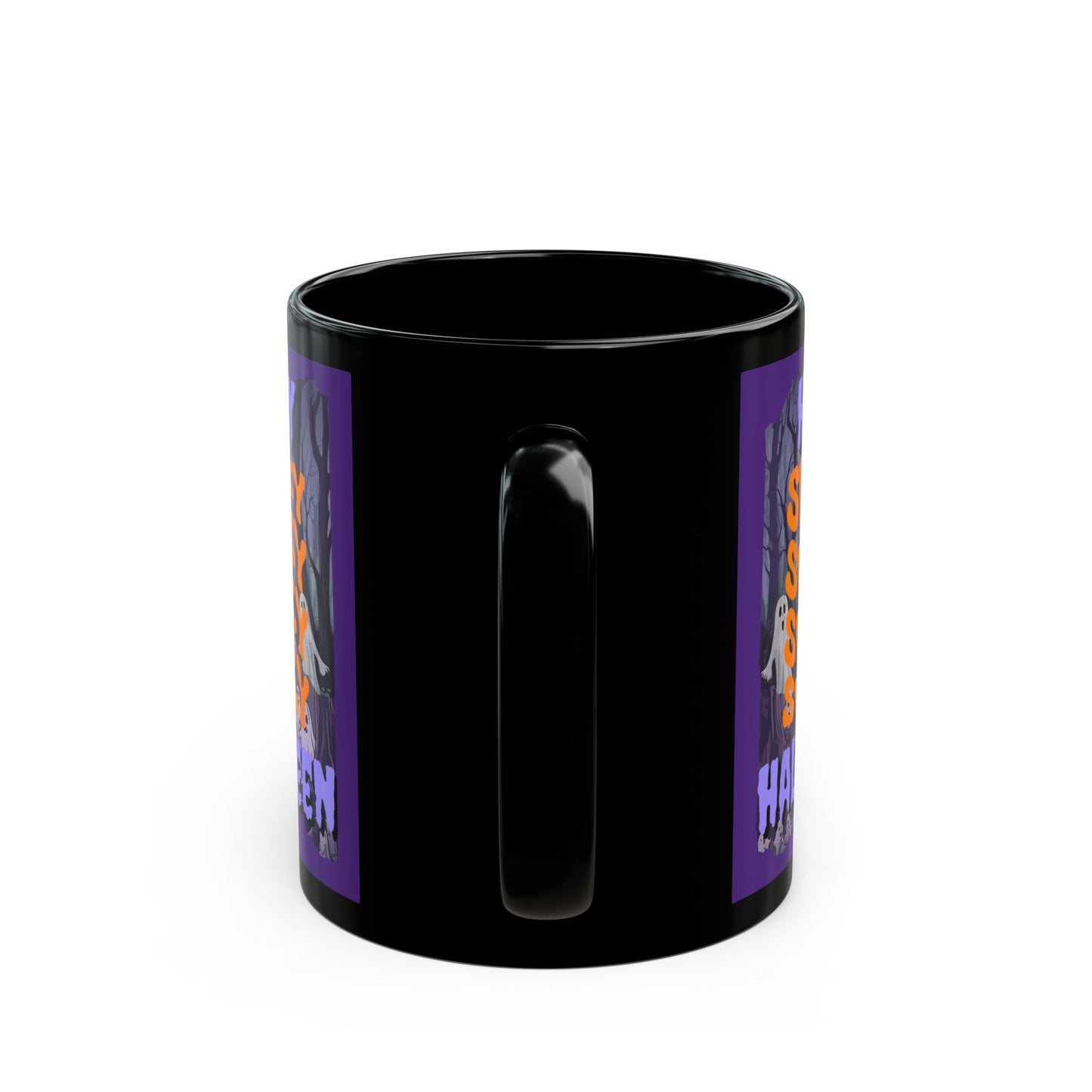 Spooky Happy Halloween Ghost Purple font Purple Mug by CreepyCrafts.boo