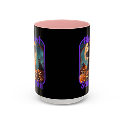 Blessed Samhain Cute Witch Purple font Black Accent Mug by CreepyCrafts.boo
