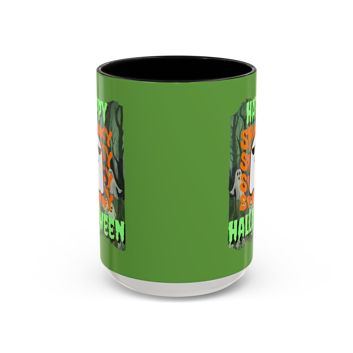 Spooky Happy Halloween Ghost Green font Green Accent Mug by CreepyCrafts.boo