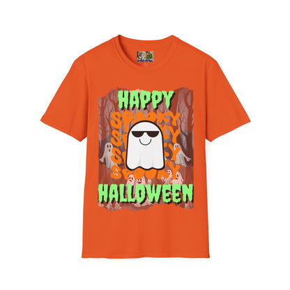 Spooky Happy Halloween Ghost Light colors Green font Unisex T-Shirt by CreepyCrafts.boo
