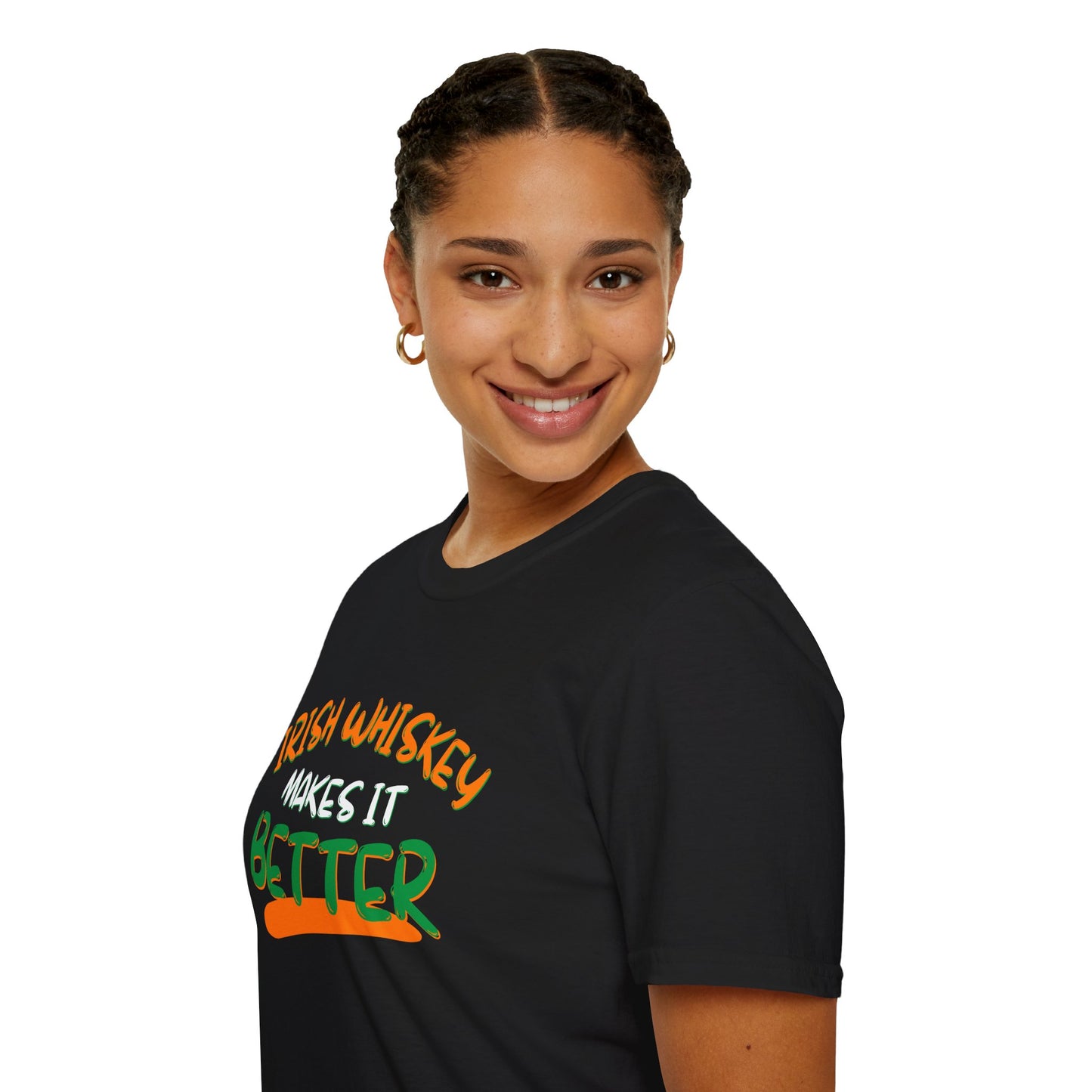 Irish Whiskey makes it better Orange, White, and Green font Dark colors Unisex T-Shirt by cypherpunkgear.com