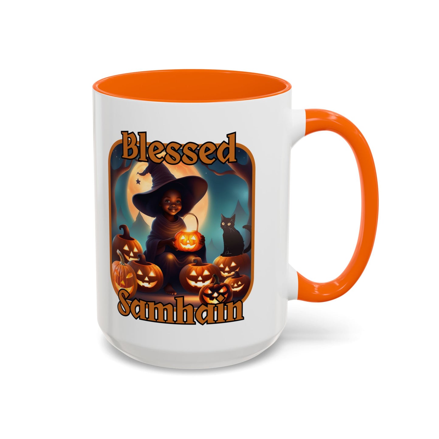 Blessed Samhain Cute Witch Orange font White Accent Mug by CreepyCrafts.boo