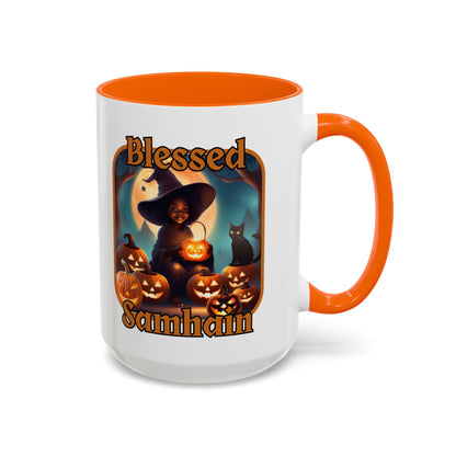 Blessed Samhain Cute Witch Orange font White Accent Mug by CreepyCrafts.boo