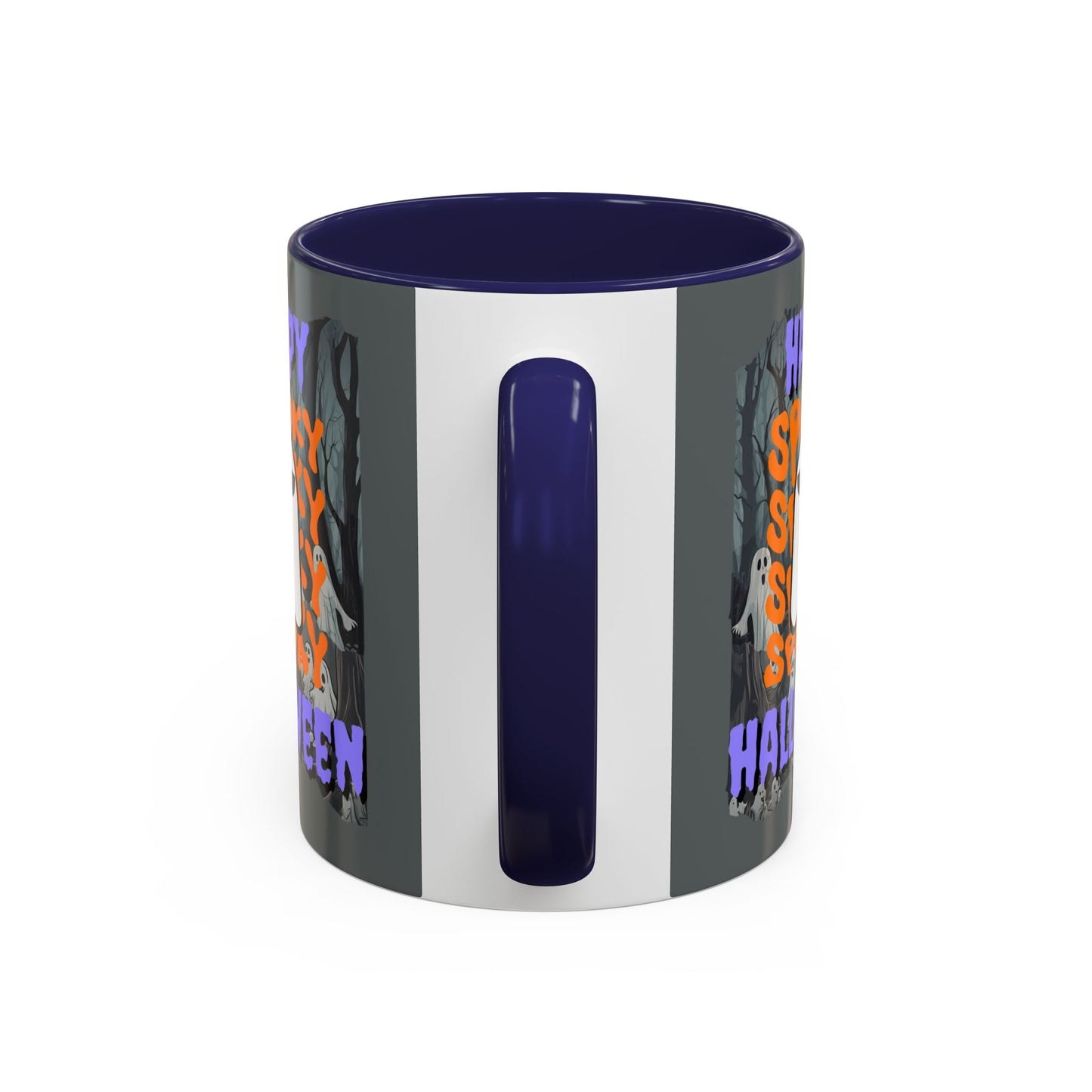 Spooky Happy Halloween Ghost Purple font Grey Accent Mug by CreepyCrafts.boo