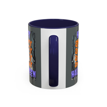 Spooky Happy Halloween Ghost Purple font Grey Accent Mug by CreepyCrafts.boo