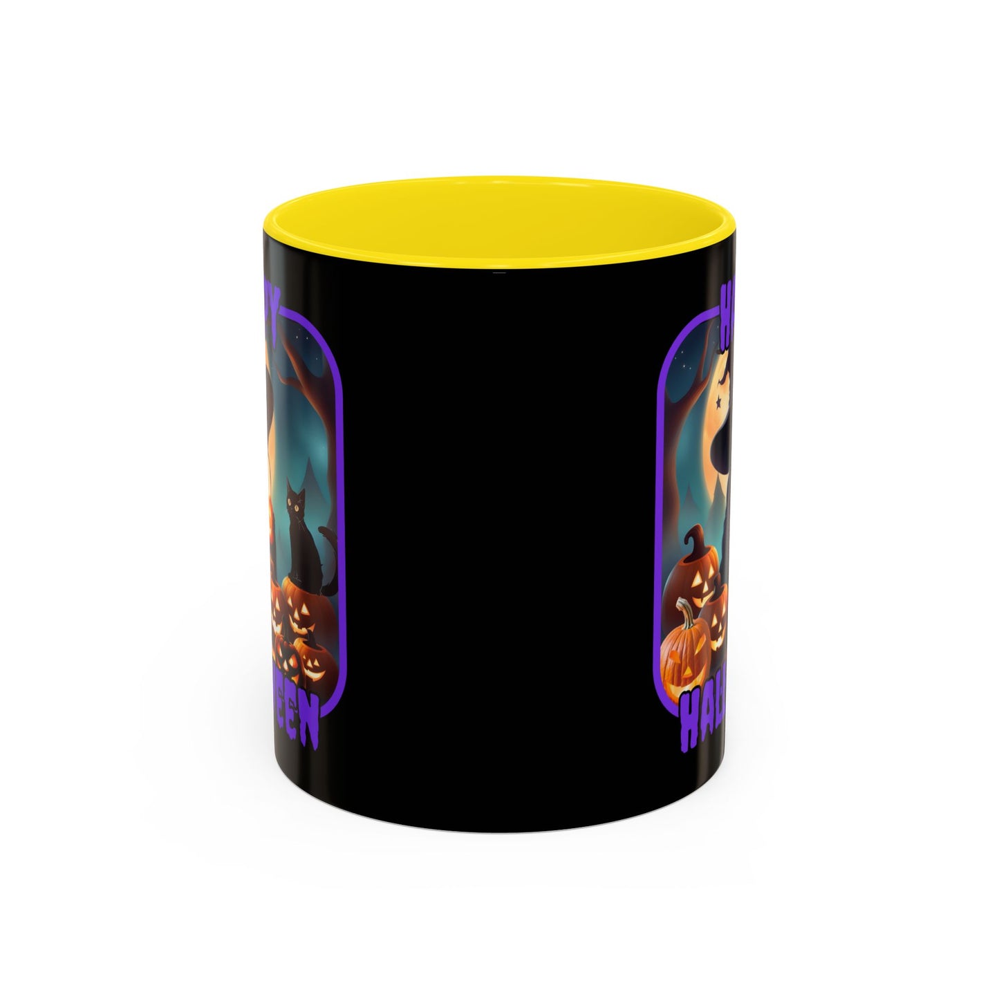 Happy Halloween Cute Witch Purple font Black Accent Mug by CreepyCrafts.boo