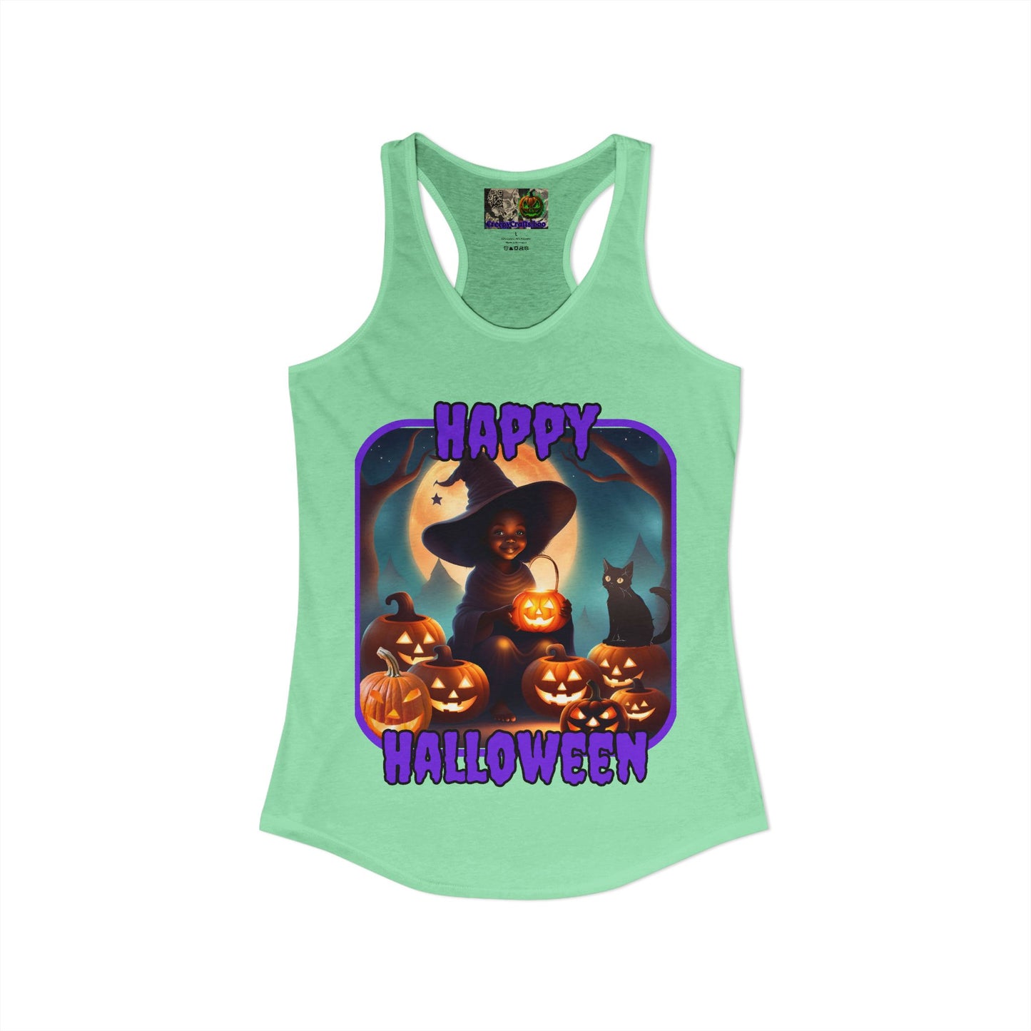 Happy Halloween Cute Witch Purple font Women's Racerback Tank Top by CreepyCrafts.boo