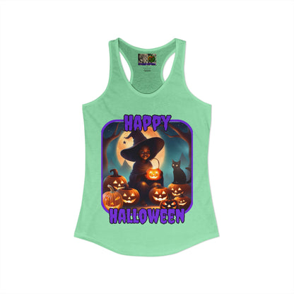 Happy Halloween Cute Witch Purple font Women's Racerback Tank Top by CreepyCrafts.boo