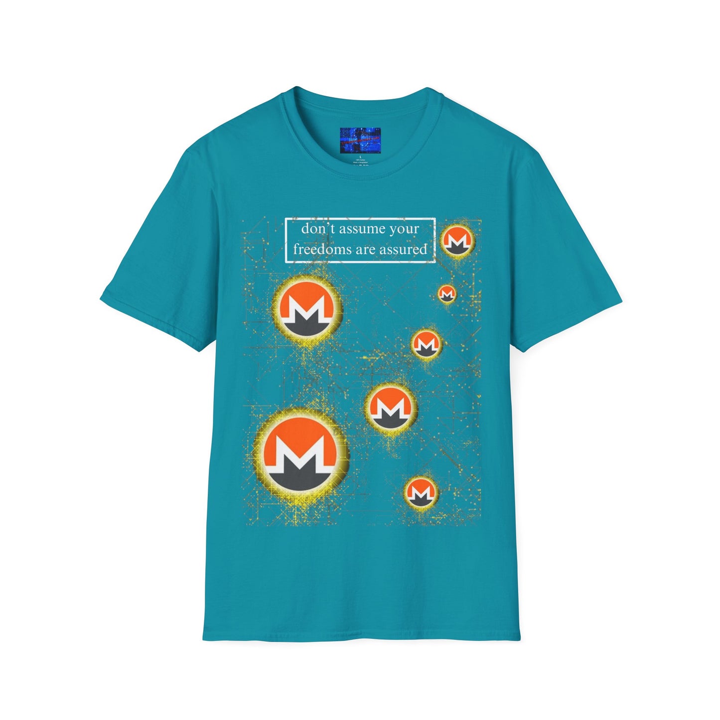 Monero (XMR) don't assume your freedoms are assured Dark colors Unisex T-Shirt by cypherpunkgear.com
