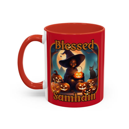 Blessed Samhain Cute Witch Orange font Red Accent Mug by CreepyCrafts.boo