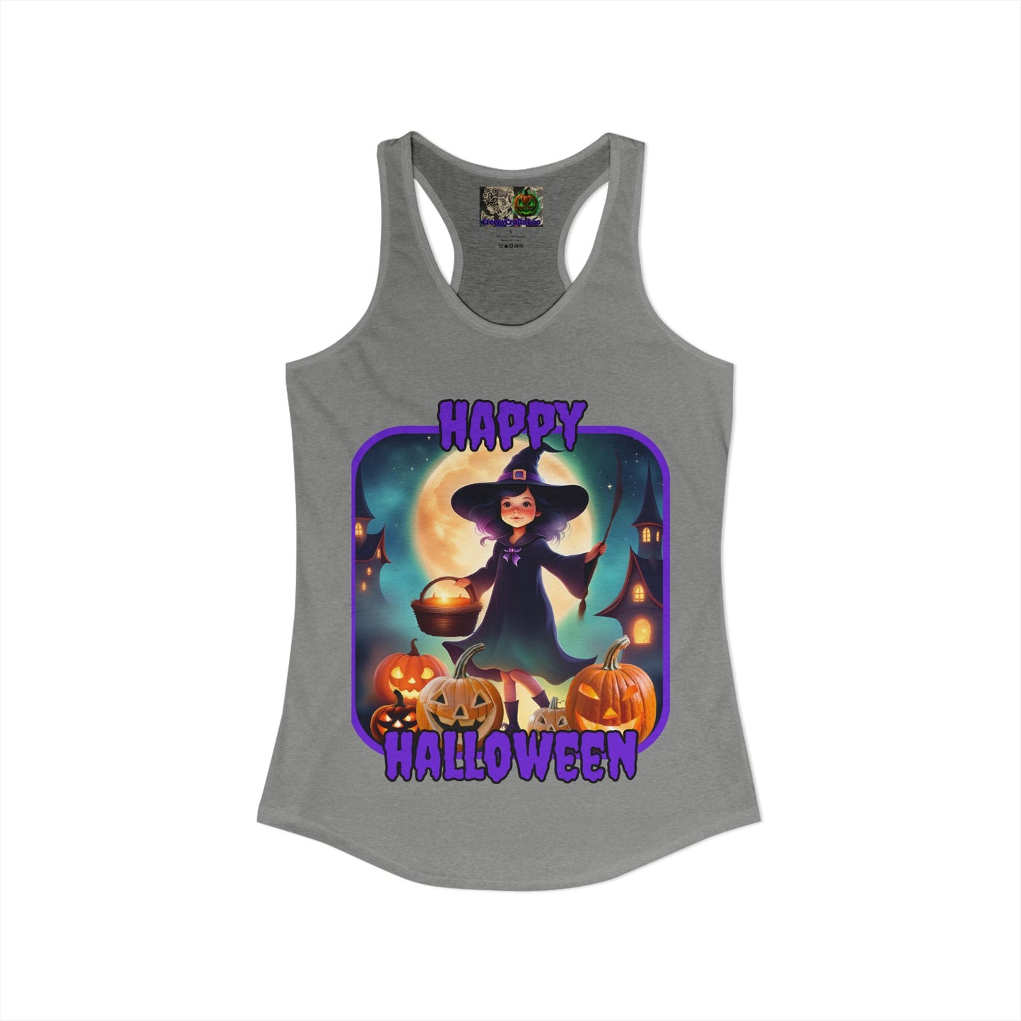 Happy Halloween Little Witch Purple font Women's Racerback Tank Top by CreepyCrafts.boo