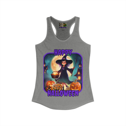 Happy Halloween Little Witch Purple font Women's Racerback Tank Top by CreepyCrafts.boo