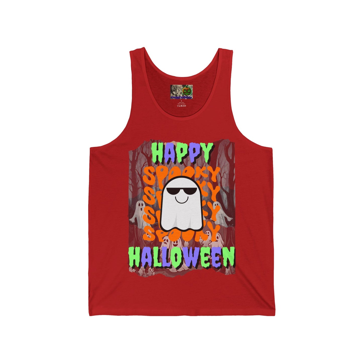 Spooky Happy Halloween Ghost Mixed font Unisex Jersey Tank Top by CreepyCrafts.boo
