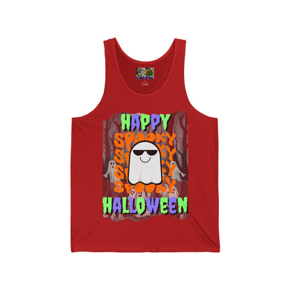 Spooky Happy Halloween Ghost Mixed font Unisex Jersey Tank Top by CreepyCrafts.boo
