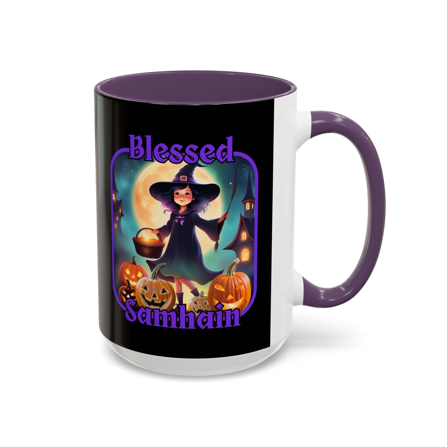 Blessed Samhain Little Witch Purple font Black Accent Mug by CreepyCrafts.boo
