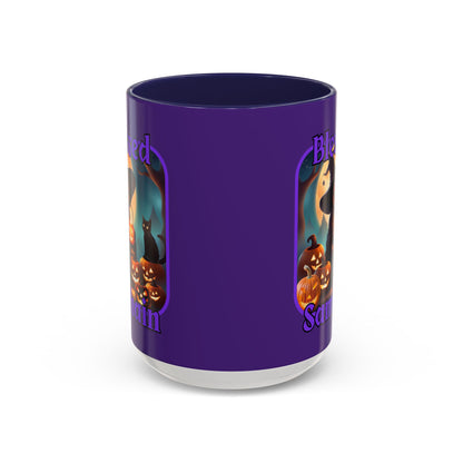 Blessed Samhain Cute Witch Purple font Purple Accent Mug by CreepyCrafts.boo