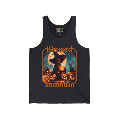 Blessed Samhain Cute Witch Orange font Unisex Jersey Tank Top by CreepyCrafts.boo