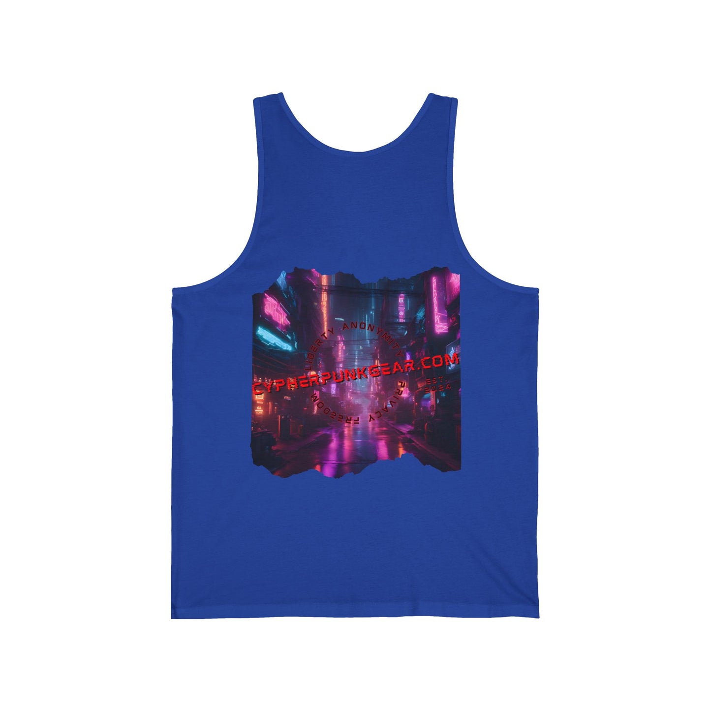 2-sided, cypherpunkgear.com Logo & Cityscape Unisex Jersey Tank Top by cypherpunkgear.com