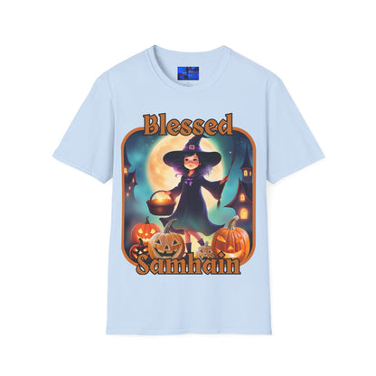 Blessed Samhain Little Witch ORfont LTcolors Unisex T-Shirt by cypherpunkgear