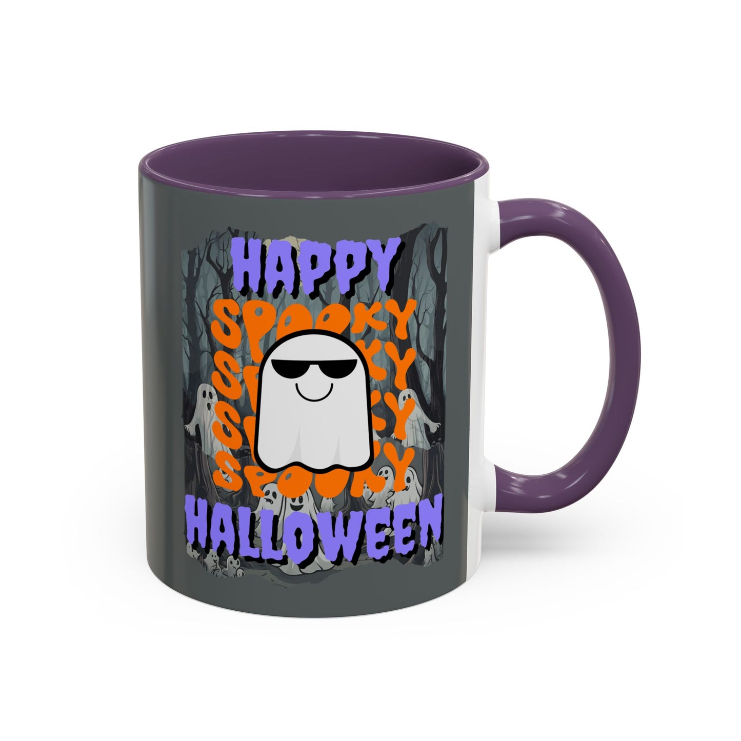 Spooky Happy Halloween Ghost Purple font Grey Accent Mug by CreepyCrafts.boo