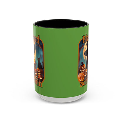 Blessed Samhain Cute Witch Orange font Green Accent Mug by CreepyCrafts.boo