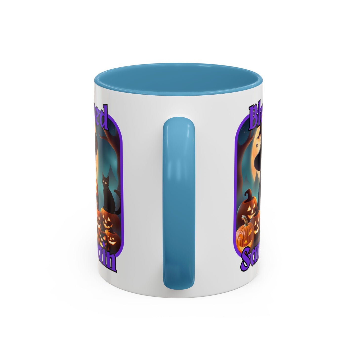 Blessed Samhain Cute Witch Purple font White Accent Mug by CreepyCrafts.boo