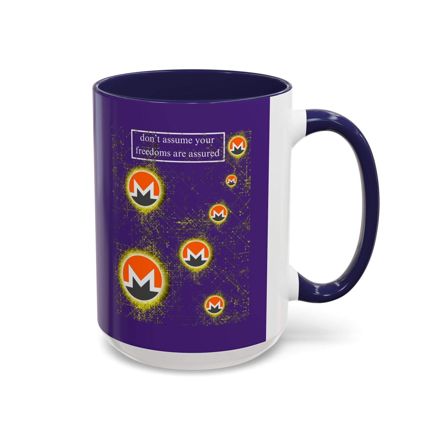 Monero (XMR) don't assume your freedoms are assured Purple Accent Mug by cypherpunkgear.com