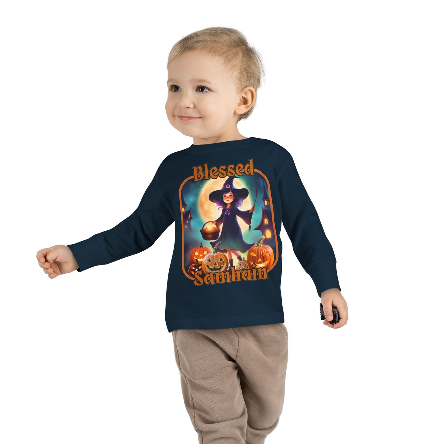 Blessed Samhain Little Witch Orange font Toddler Long Sleeve Tee by CreepyCrafts.boo