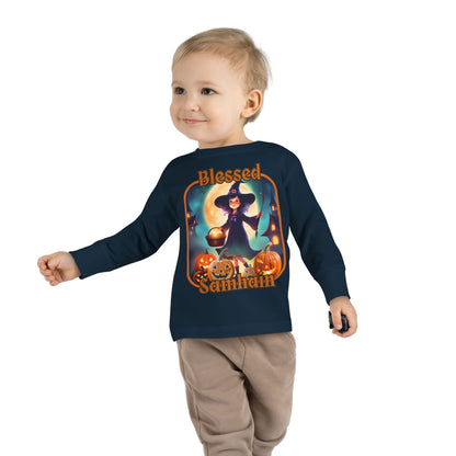 Blessed Samhain Little Witch Orange font Toddler Long Sleeve Tee by CreepyCrafts.boo