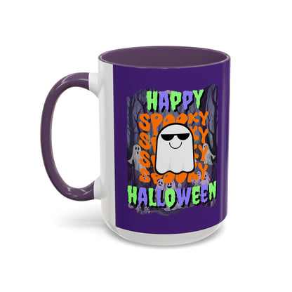 Spooky Happy Halloween Ghost Mixed font Purple Accent Mug by CreepyCrafts.boo
