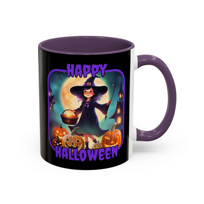Happy Halloween Little Witch Purple font Black Accent Mug by CreepyCrafts.boo