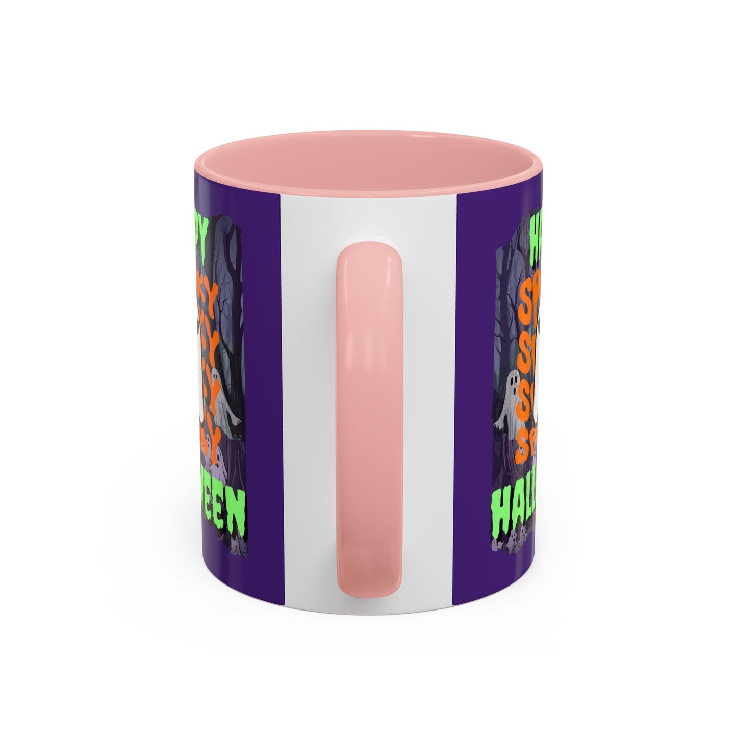 Spooky Happy Halloween Ghost Green font Purple Accent Mug by CreepyCrafts.boo