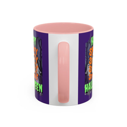 Spooky Happy Halloween Ghost Green font Purple Accent Mug by CreepyCrafts.boo