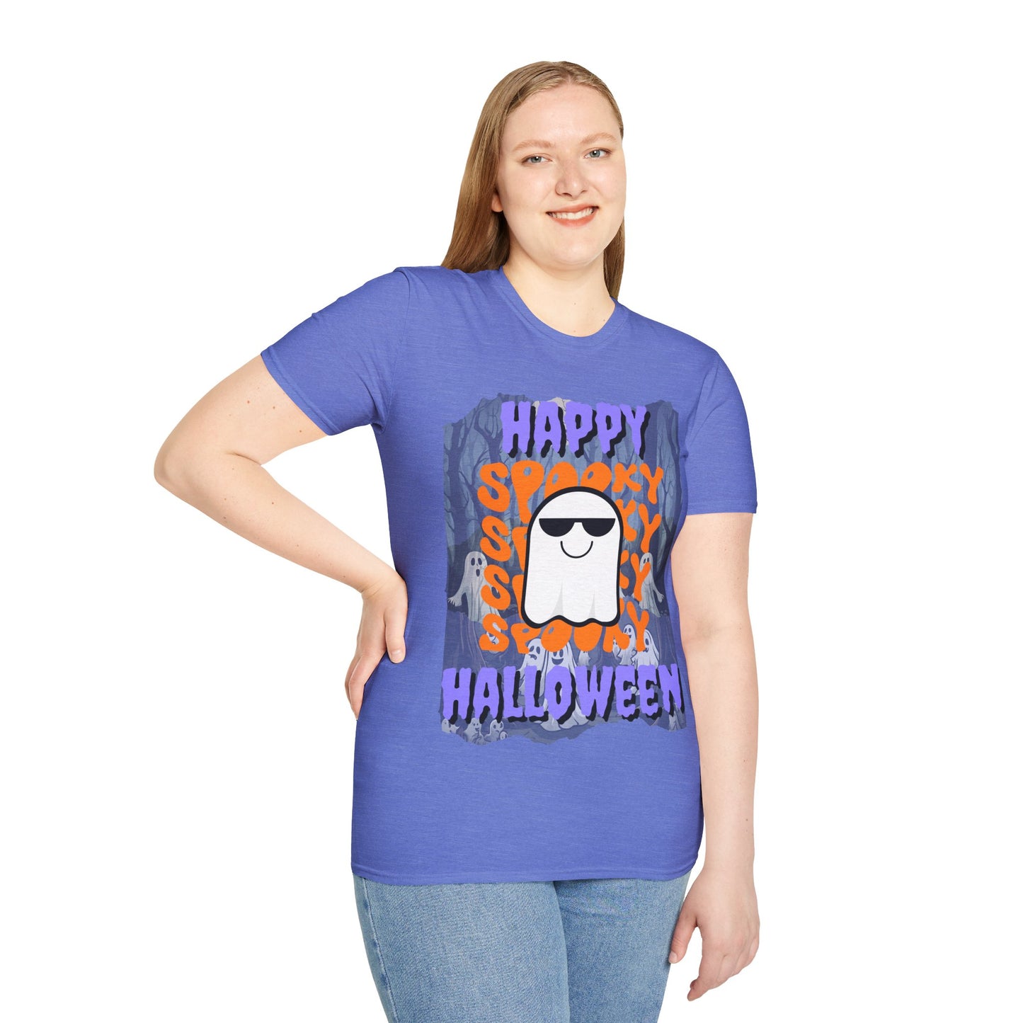 Spooky Happy Halloween Ghost Light colors Purple font Unisex T-Shirt by CreepyCrafts.boo
