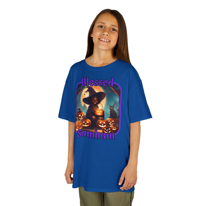 Blessed Samhain Cute Witch Purple font Kids Heavy Cotton™ Tee by CreepyCrafts.boo