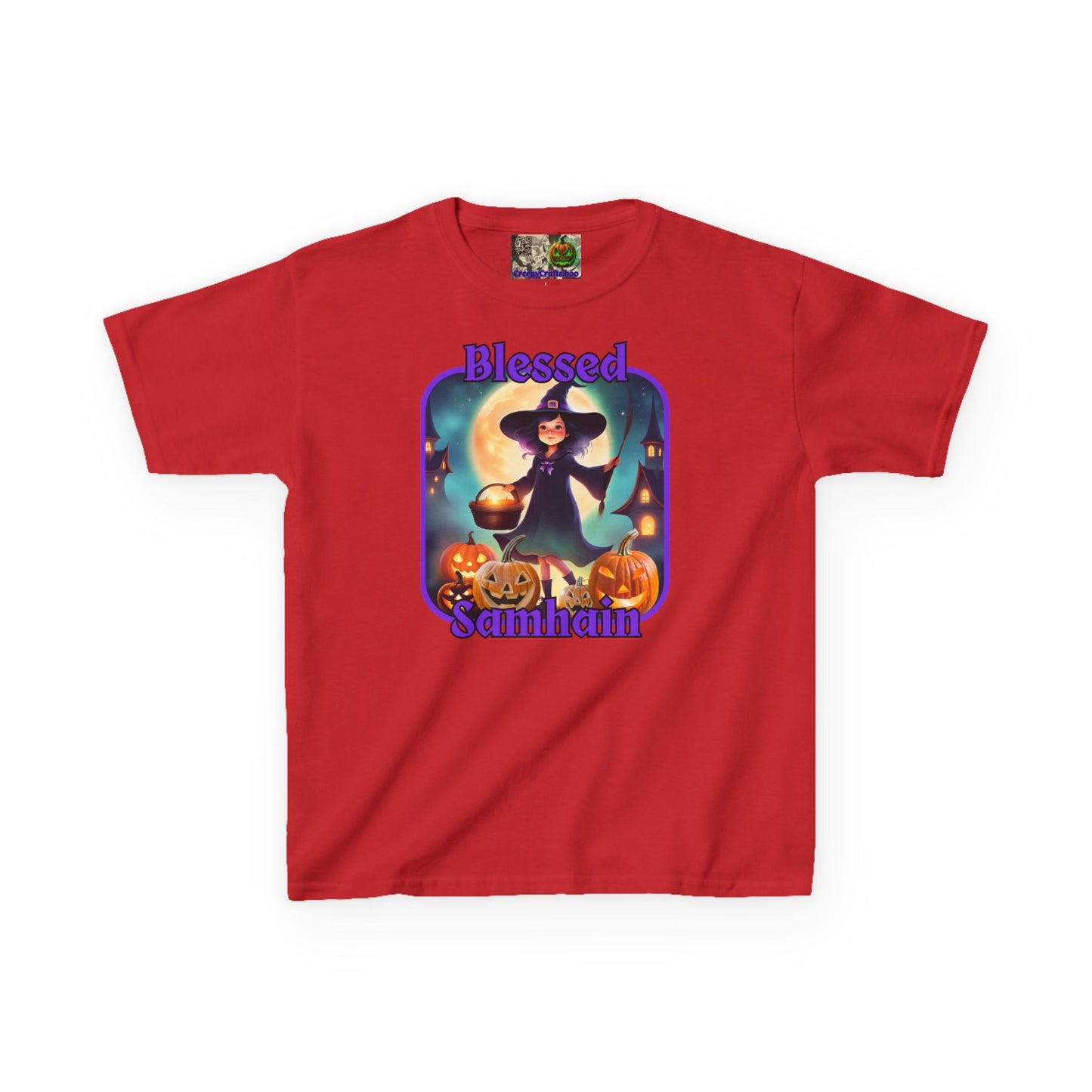 Blessed Samhain Little Witch Purple font Kids Heavy Cotton™ Tee by CreepyCrafts.boo