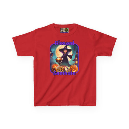 Blessed Samhain Little Witch Purple font Kids Heavy Cotton™ Tee by CreepyCrafts.boo