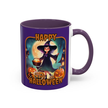 Happy Halloween Little Witch Orange font Purple Accent Mug by CreepyCrafts.boo