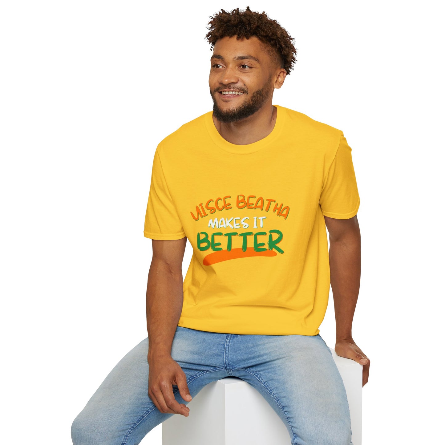 Uisce Beatha makes it better Orange, White, and Green font Light colors Unisex T-Shirt by cypherpunkgear.com
