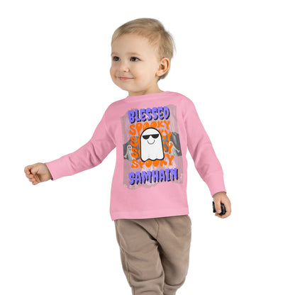 Spooky Blessed Samhain Ghost Purple font Toddler Long Sleeve Tee by CreepyCrafts.boo