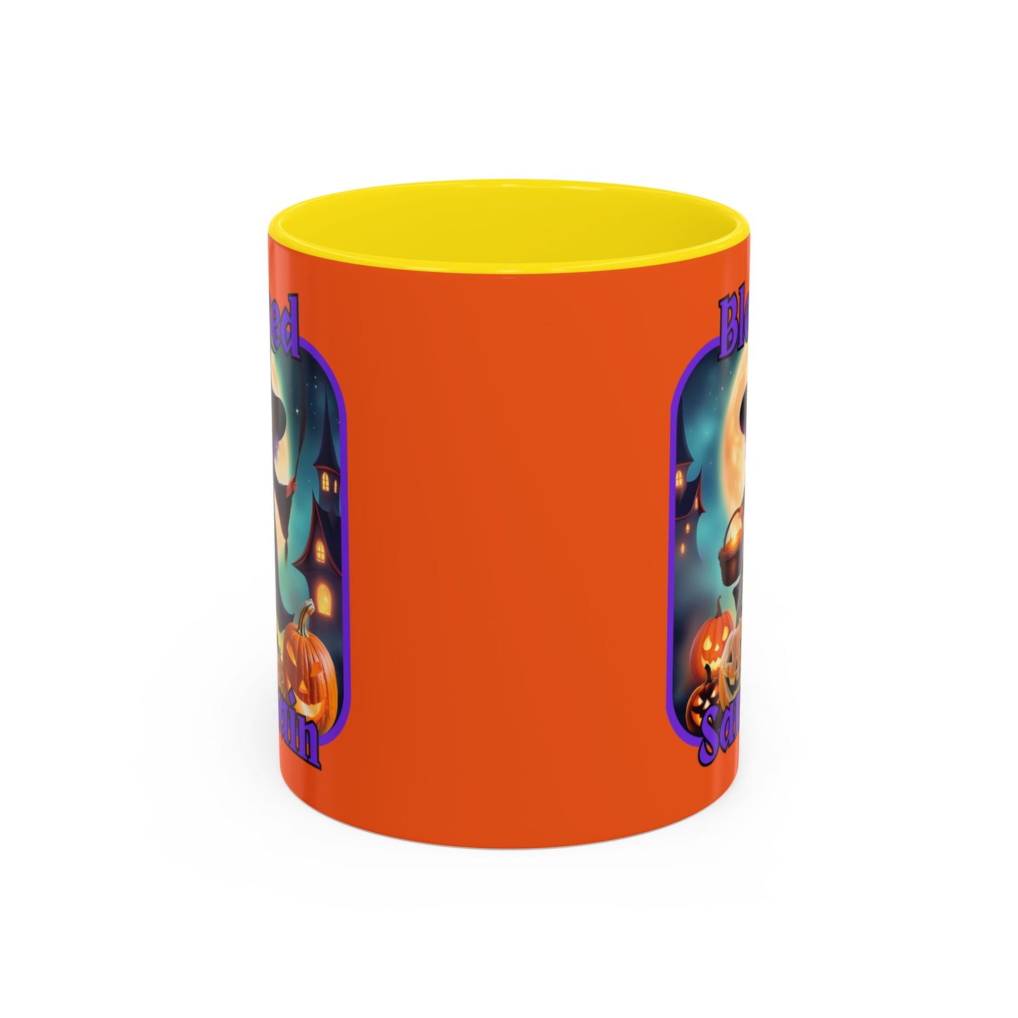 Blessed Samhain Little Witch Purple font Orange Accent Mug by CreepyCrafts.boo