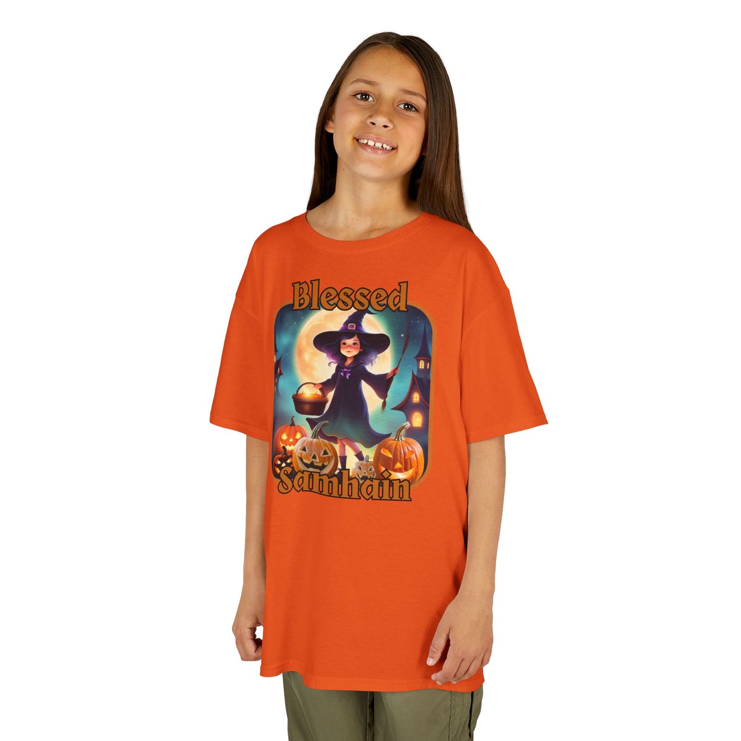 Blessed Samhain Little Witch Orange font Kids Heavy Cotton™ Tee by CreepyCrafts.boo