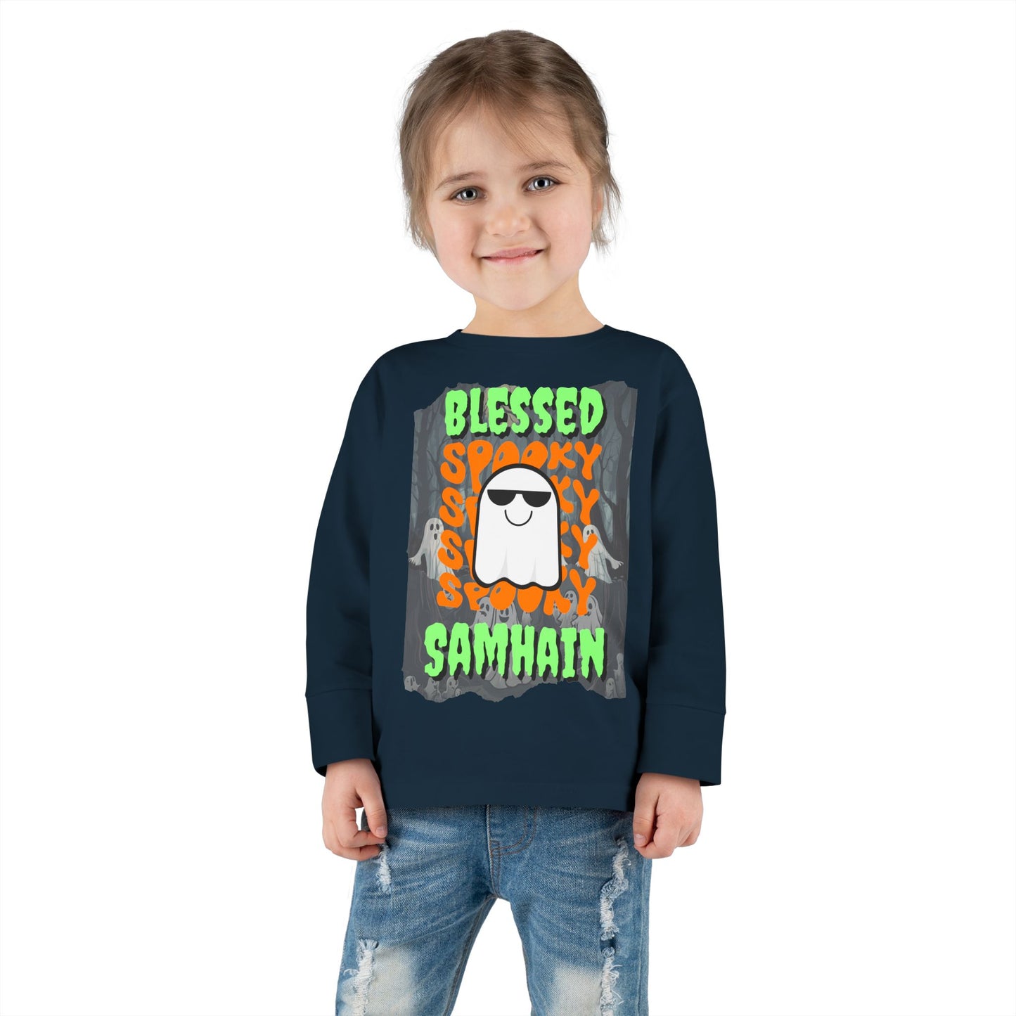 Spooky Blessed Samhain Ghost Green font Toddler Long Sleeve Tee by CreepyCrafts.boo
