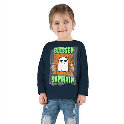 Spooky Blessed Samhain Ghost Green font Toddler Long Sleeve Tee by CreepyCrafts.boo
