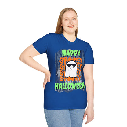 Spooky Happy Halloween Ghost Dark colors Green font Unisex T-Shirt by CreepyCrafts.boo