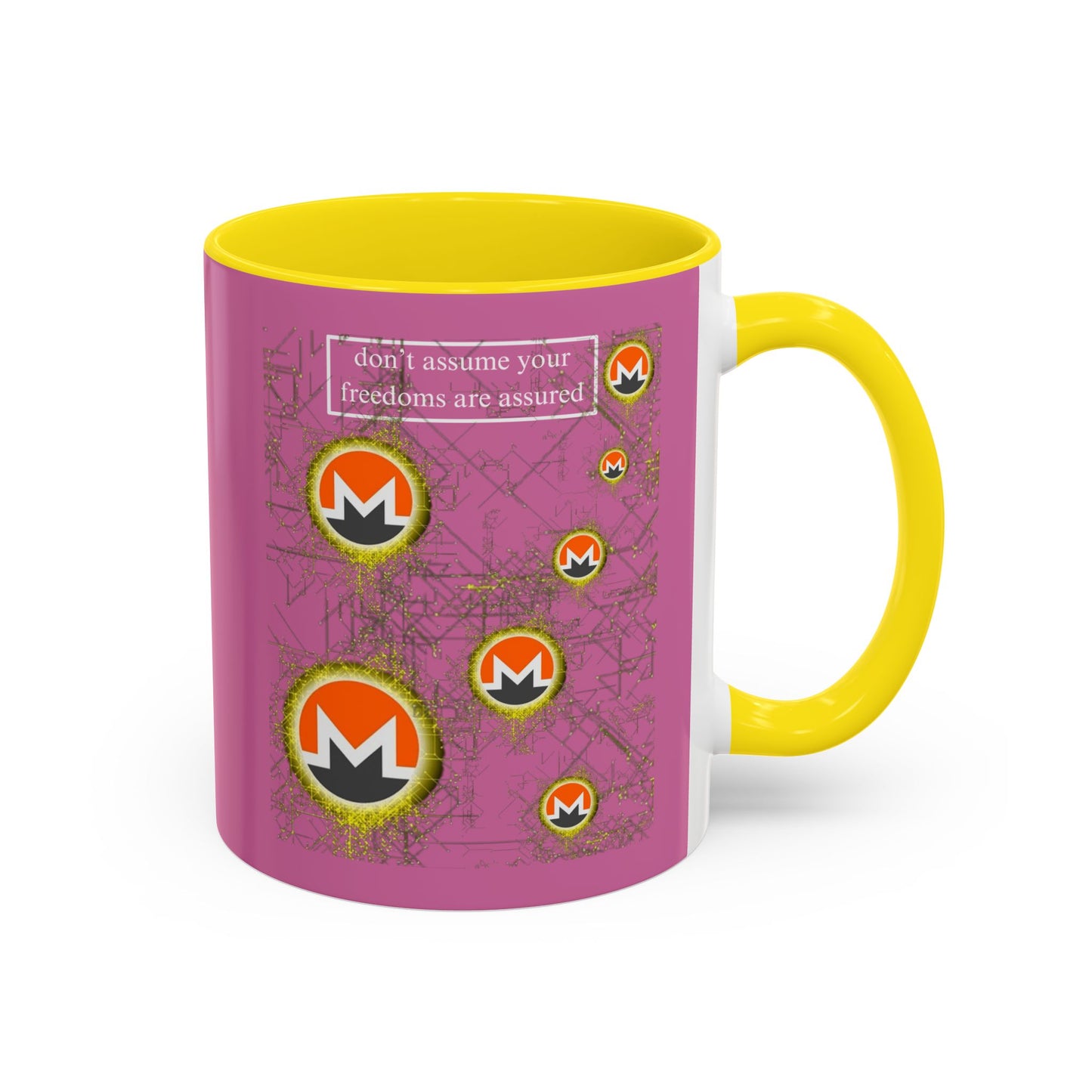 Monero (XMR) don't assume your freedoms are assured Pink Accent Mug by cypherpunkgear.com