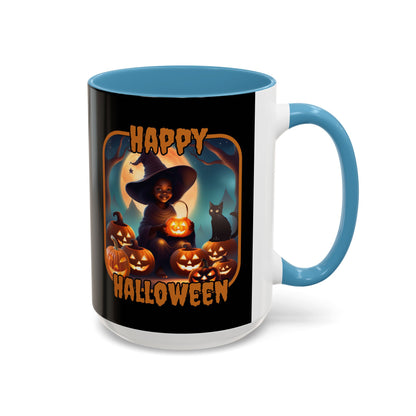 Happy Halloween Cute Witch Orange font Black Accent Mug by CreepyCrafts.boo