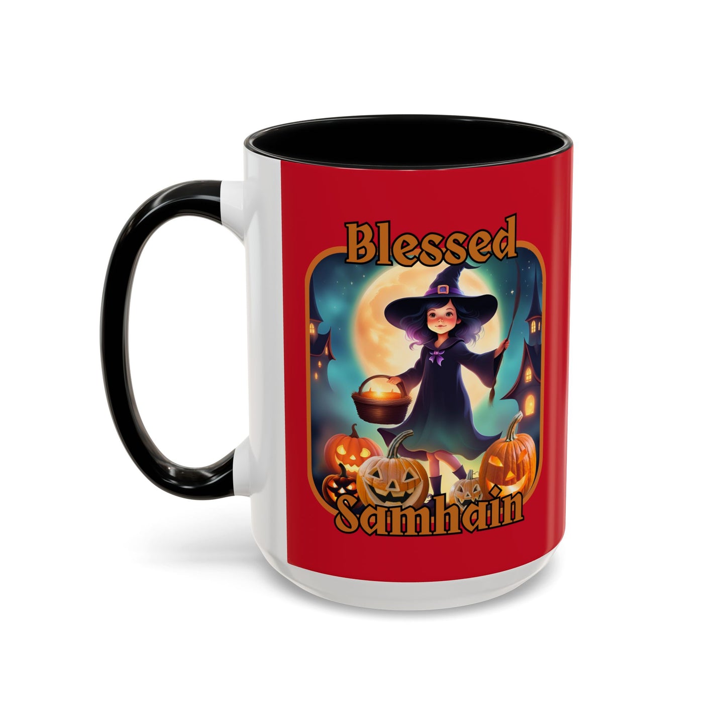 Blessed Samhain Little Witch Orange font Red Accent Mug by CreepyCrafts.boo