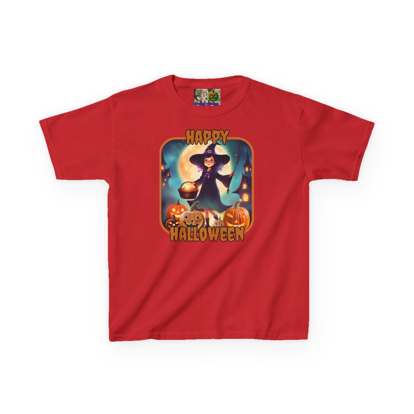 Happy Halloween Little Witch Orange font Kids Heavy Cotton™ Tee by CreepyCrafts.boo