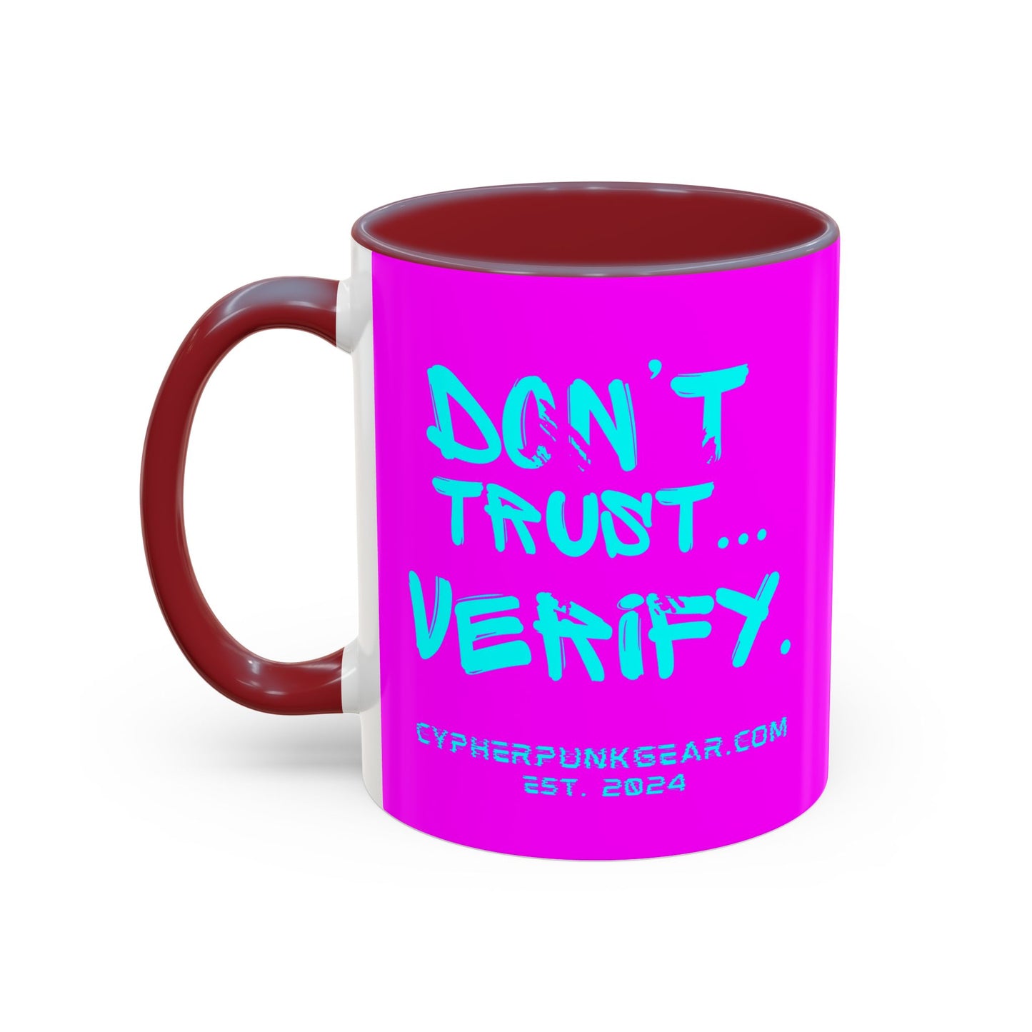 Don't Trust...Verify. Electric Magenta Accent Mug by cypherpunkgear.com